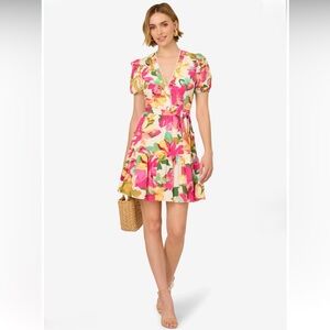 Adrianna Papell Floral Print Puff Sleeve Flounce Mini Dress Size 12 NWT